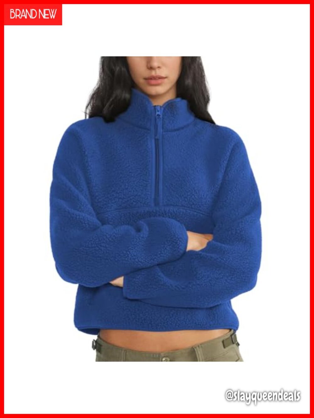 Womens Cropped Half Zip Sherpa Fleece Sweatshirt with Zipper Pockets